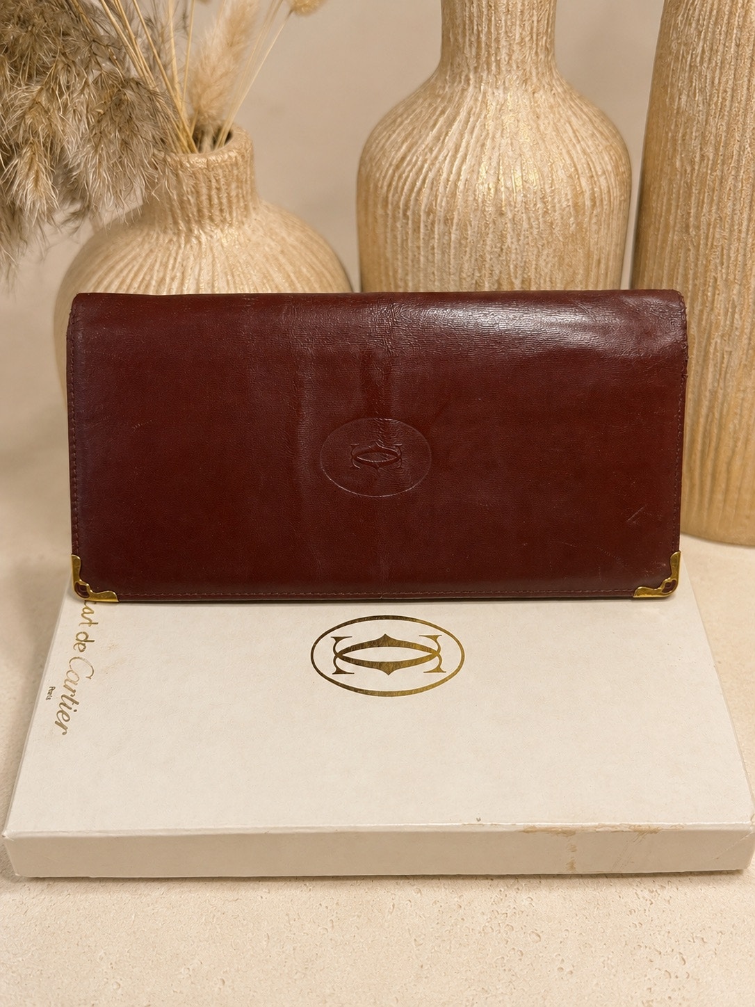 Vintage Must De Cartier Burgundy Leather Long Bifold Checkbook Wallet